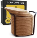 Cork Coasters for Drinks with Metal Holder - 16 Pcs Round 4 inch